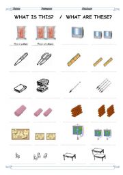 English Worksheet: What is this?  -  What are these? (Classroom objects)