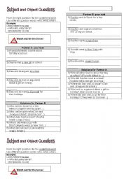 English worksheet: subject and object questions, tandem activity