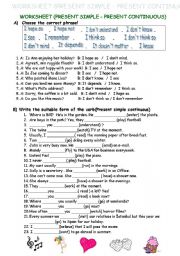 English Worksheet: PRESENT SIMPLE or PRESENT CONTINUOUS (STATIVE VERBS)