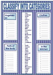 English Worksheet: CLASSIFY INTO CATEGORIES