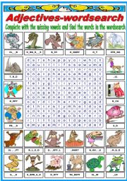 English Worksheet: ADJECTIVES WITH ANIMALS-WORDSEARCH (B&W VERSION INCLUDED)
