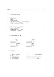 English Worksheet: Exam: VERB TO BE, aan, and vocabulary