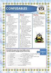 English Worksheet: CONFUSABLES: CARE - MATTER - MIND