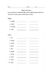 English worksheet: Shapes and Colors Classroom Scavenger Hunt