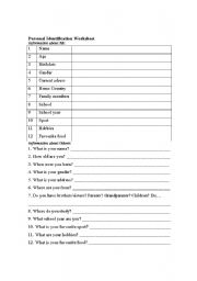 English worksheet: Personal identification worksheet