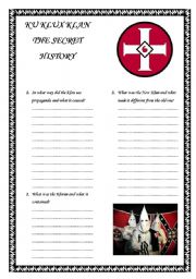 English Worksheet: Ku Klux Klan - The Secret History