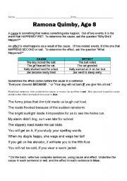 English Worksheet: Cause and Effect Ramona Quimby, Age 8
