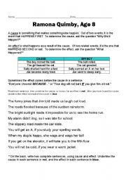 English worksheet: Cause and Effect Ramona Quimby, Age 8