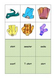 English Worksheet: BINGO CLOTHES student cards 3/7