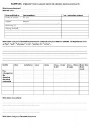 English Worksheet: PAIRWORK likes, dislikes and daily routine
