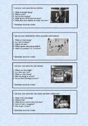 English Worksheet: Speaking cards: answer questions on the picture, ask your mate about... (Present continuous, Simple Present, Can/cant, physical appearance, school subjects,  sports, etc.)