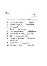 English worksheet: Using prepositions in and on