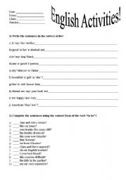 English worksheet: Verb to be activities - simple present