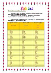 English Worksheet: Verb list  ((  Present --- Past   --- Past  participle ))