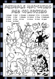 English Worksheet: ANIMALS MATCHING AND COLOURING