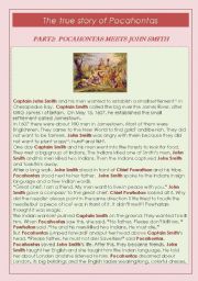 English Worksheet: LEARNING PAST SIMPLE THROUGH THE TRUE STORY OF POCAHONTAS- CHAPTER TWO : POCAHONTAS MEETS JOHN SMITH