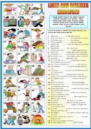 English Worksheet: LIKES AND DISLIKES - EXERCISES (KEY AND B&W VERSION INCLUDED)