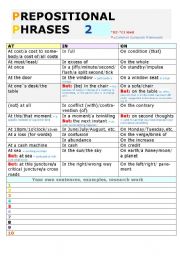 English Worksheet: PREPOSITIONAL PHRASES 2 (PART 1 IS ALSO INCLUDED),   AT   IN   ON , NEARLY 130 PHRASES, FULLY EDITABLE