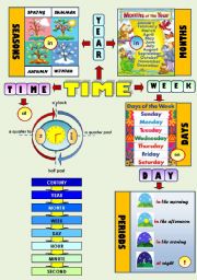 English Worksheet: TIME! - SEASONS, DAYS OF THE WEEK, MONTHS OF THE YEAR, PERIODS OF THE DAY, TELLING THE TIME (CLASSROOM POSTER)