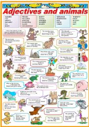 English Worksheet: ADJECTIVES AND ANIMALS-FILL IN THE BLANKS (B&W VERSION INCLUDED)