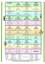 English Worksheet: FUN Jobs BOARDGAME + routine / gerunds - 20 EXERCISES / GAMEs + key + BW + Teachers notes ((8_PAGES))