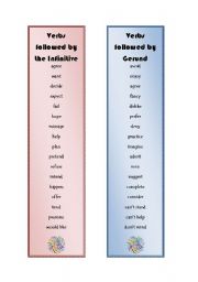 English Worksheet: Bookmark - verbs followed by the infinitive and gerund