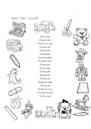 English Worksheet: School objects, toys - colouring activity
