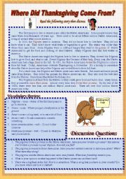 English Worksheet: Where did Thanksgiving come from?