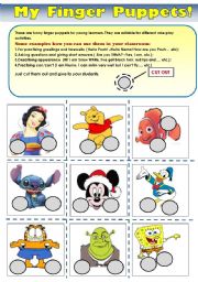 English Worksheet: MY FINGER PUPPETS! - funny finger puppets with cartoon characters for role-playing and practising different lgrammar and vocabulary! 2 pages with some ideas how to use them