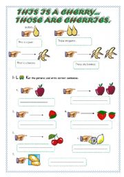 English Worksheet: This is a cherry... Those are cherries. (2 pages)