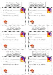 English Worksheet: birthday/ weather/season - card