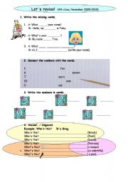 English worksheet: numbers, colours for beginners