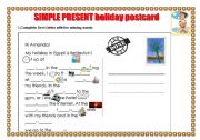 English Worksheet: HOLIDAY POSTCARD (SIMPLE PRESENT ROUTINES) +answers included