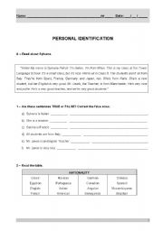 English Worksheet: PERSONAL IDENTIFICATION