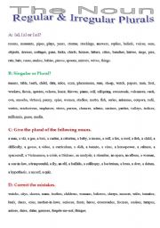English Worksheet: the Noun. Regular and Irregular Plurals