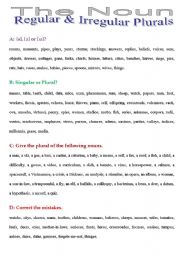 English worksheet: the Noun. Regular and Irregular Plurals