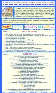 English Worksheet: Lets follow directions! (Two pages)