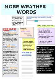 English Worksheet: MORE WEATHER WORDS/TECHNICAL WORDS/WEATHER RELATING IDIOMS/ALL 3 PREVIOUS WEATHER WORKSHEETS INCLUDED/FULLY EDITABLE