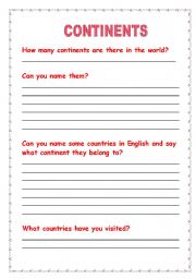 English Worksheet: Countries and Continents previous knowledge