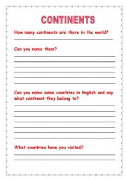 English worksheet: Countries and Continents previous knowledge