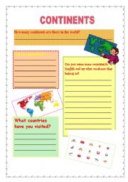 English worksheet: World continents, countries and English speaking countries