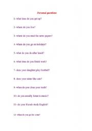 English worksheet: personal questions with simple present