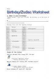 English worksheet: Birthday/Zodiac Worksheet