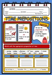 English Worksheet: TIME PREPOSITIONS - 2 PAGES