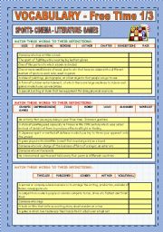 English Worksheet: VOCABULARY: SPORTS, CINEMA, LITERATURE, MUSIC AND FREE TIME (1/3)