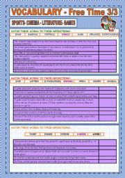 English Worksheet: VOCABULARY: SPORTS, CINEMA, LITERATURE, MUSIC AND GAMES ( 3/3)