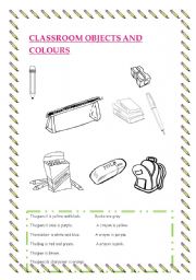 English worksheet: Classroom objects and colours