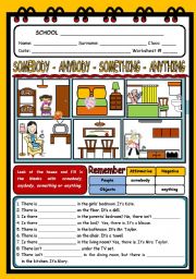 English Worksheet:  SOMEBODY, ANYBODY, SOMETHING, ANYTHING