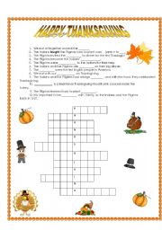 English worksheet: HAPPY  THANKSGIVING!!! (keys included)