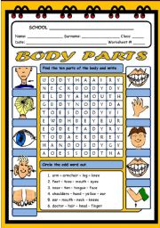 English Worksheet: BODY PARTS WORDSEARCH